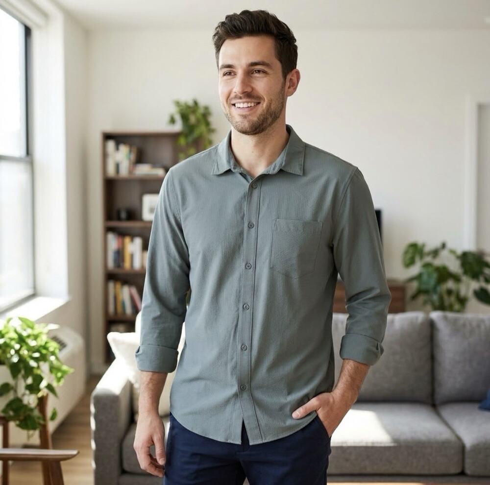 FLX Performance Textured Button-Down Shirt Mens Slim L Green Quick Dry Stretch